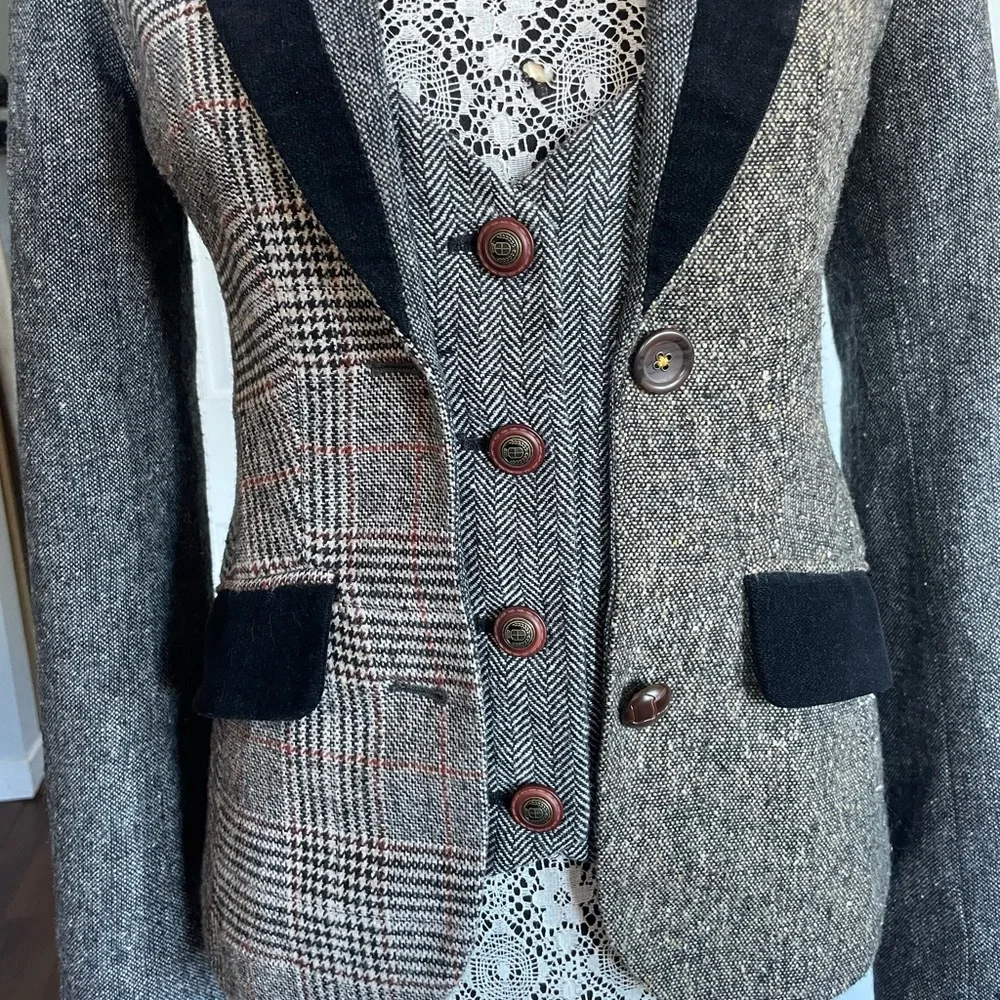 VTG Anthropologie Cartonnier Alma Mater Patchwork Herringbone Blazer Jacket.Sz 2 - Picture 3 of 10
